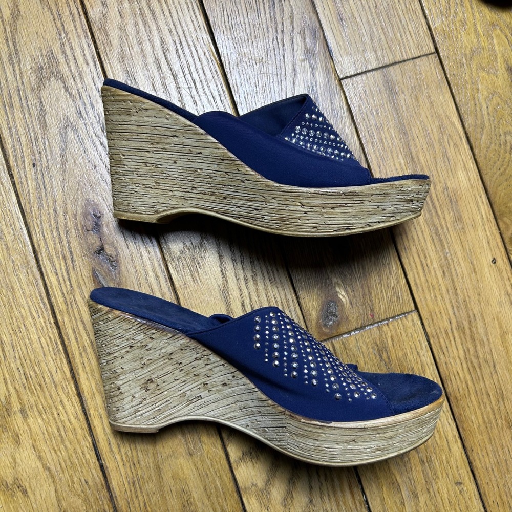 Y2K Onex Navy Blue Rhinestone Wedge Slide Sandals Platform Cork Style Heel 6